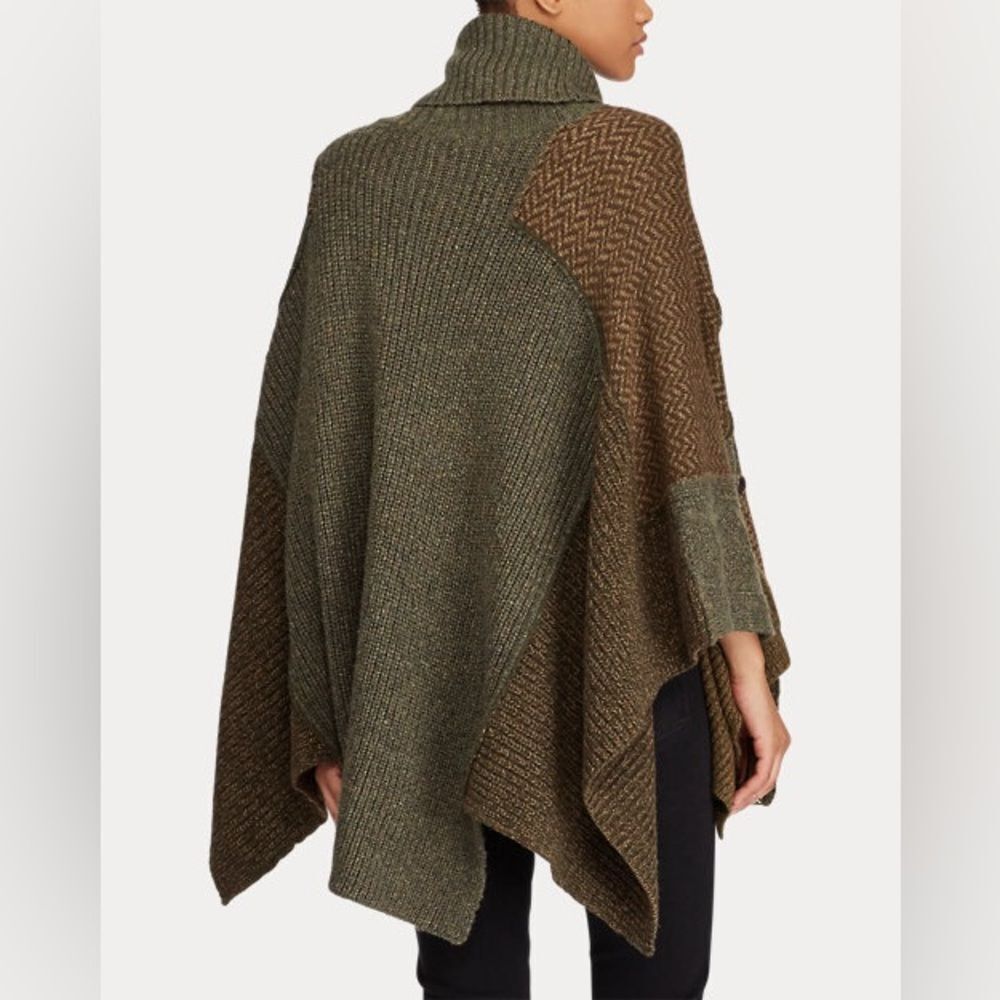Polo Ralph Lauren Turtleneck Knit Poncho Olive and Brown Fair Isle Patchwork - Picture 2 of 16